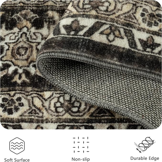8x10 Area Rugs for Living Room - Washable Vintage Retro Large Rug, Soft Ultra Thin Non Slip Low Pile Traditional Distressed Boho Carpet for Bedroom Dining Room Home Office, Brown