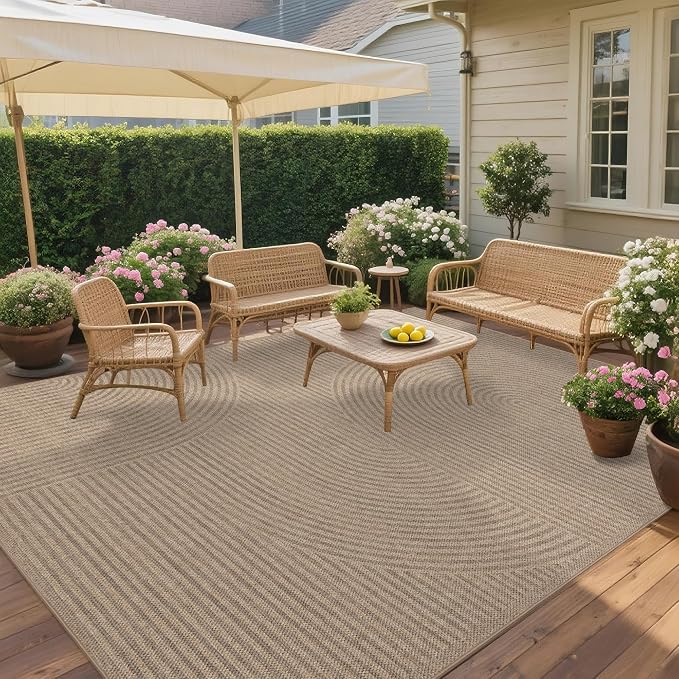 Easy Jute Rug 8x10 Outdoor: Natural Area Rugs for Patio Linen-Look Durable - Neutral Large Washable Carpet for Living Room Bedroom Dining Room Non-Slip - Swirl Curved Pattern