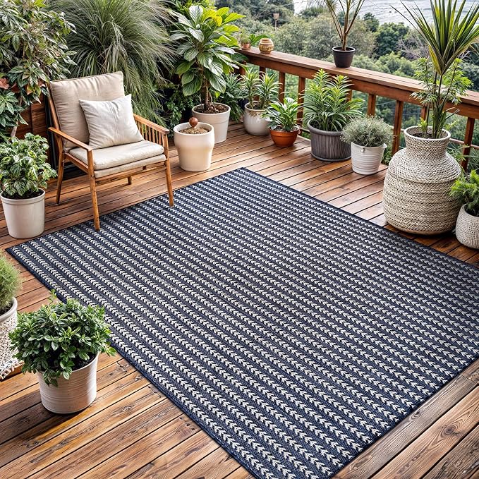 Washable Outdoor Rug 6x9 Modern Area Rugs Outdoor Carpets Striped Pattern Non Shedding Waterproof Easy Clean Patio Deck Porch Living Room Bedroom Garden RV (6 X 9 Navy)