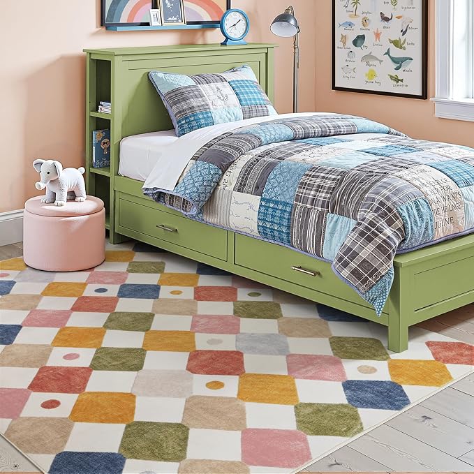 jinchan 5x7 Nursery Rug Washable Kids Playroom Rug Colorful Classroom Decor | Soft, Non-Slip, Cute, Kid-Friendly, Checkered Diamond Design, Play Mat, Cream Background, Bedroom, Dorm, Daycare, Living Room