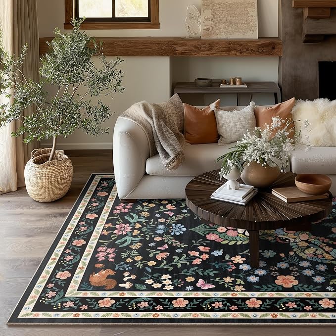 Area Rug Vintage Floral Deer Pattern 6x9 - Bohemian Forest Animal Carpet with Squirrel & Butterfly, Soft Decorative Area Rug for Living Room Bedroom Home Decor