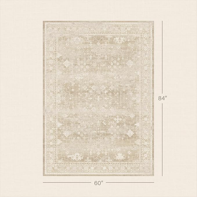 Washable 5x7 Creamy Beige and Yellow Area Rug for Bedroom, Dining Room Table, Baby Nursery, Kids Room Playroom, Shabby Chic Neutral Distressed Geometric Large Rug, Stain Resistant Low Pile Non-Slip