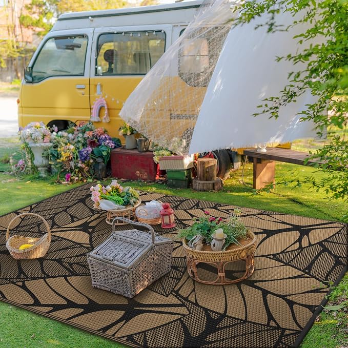 GENIMO Outdoor Rug 6' x 9' Waterproof for Patio Clearance, Reversible Plastic Straw Camping Carpet, Lightweight Mat for Rv, Camper, Deck, Porch, Picnic, Balcony, Beach, F.Black & Brown