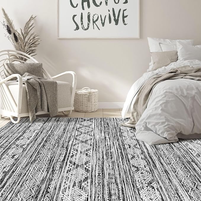 Nakagishi 8x10 Area Rugs Living Room: Washable Large Neutral Soft Rug Stain Resistant Non-Slip Carpet for Men Modern Home Enthusiasts Aged 25-45 - High Traffic Areas - Bedroom Office - Black White
