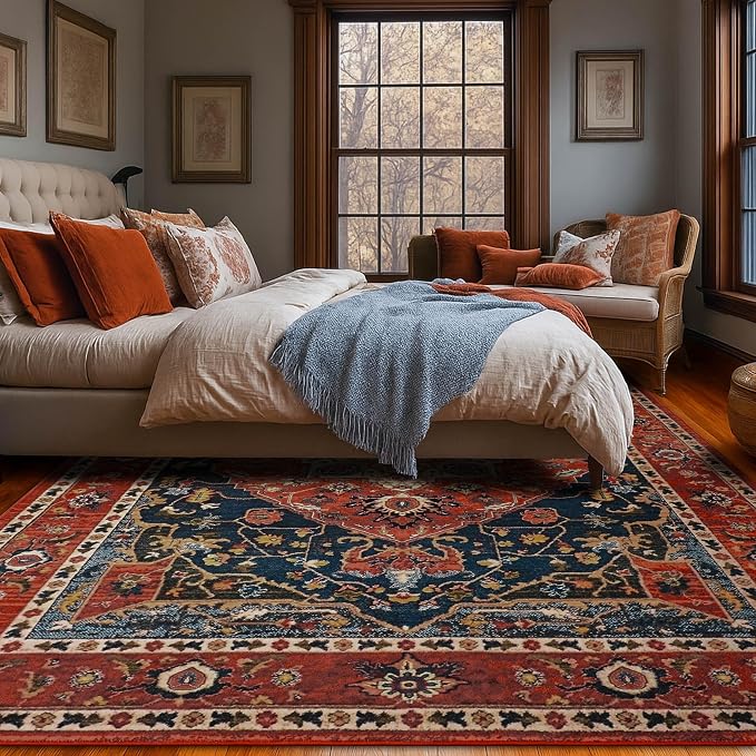 YJ.GWL Area Rugs for Living Room 6x9 Machine Washable Rugs, Non Slip Floral Vintage Rug Indoor Carpet, Stain Resistant Large Rug for Bedroom Dining Room, Orange-Red