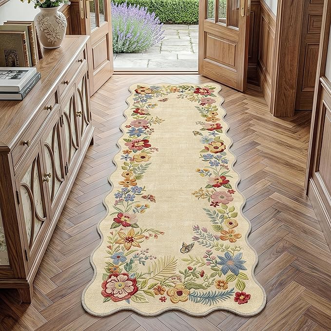FMFUNCTEX 2x6 Hallway Runner Rug Washable Beige Floral Vintage Scalloped | Flower Colorful Traditional Boho Non Slip Low Pile Pattern Indoor Carpet Entryway Rugs Kitchen Bedroom Laundry Entry Bedside