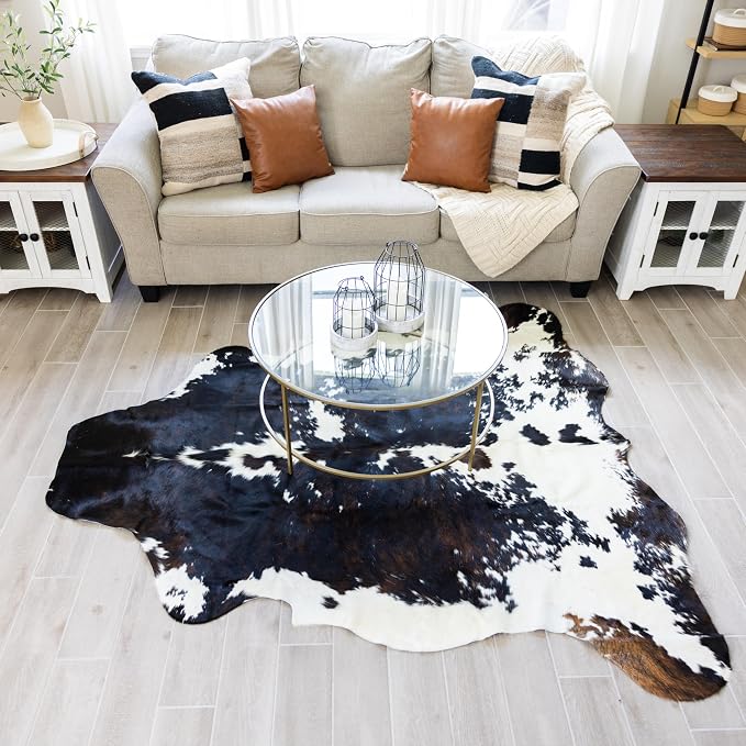 rodeo Genuine Cowhide Rug - Real Cow Hide Rug Large for Living Room & Bedroom - Western Rugs for a Natural Western Home Decor Ambiance - Rustic Cow Print Carpet Decor - 6x7 ft, Dark Tricolor
