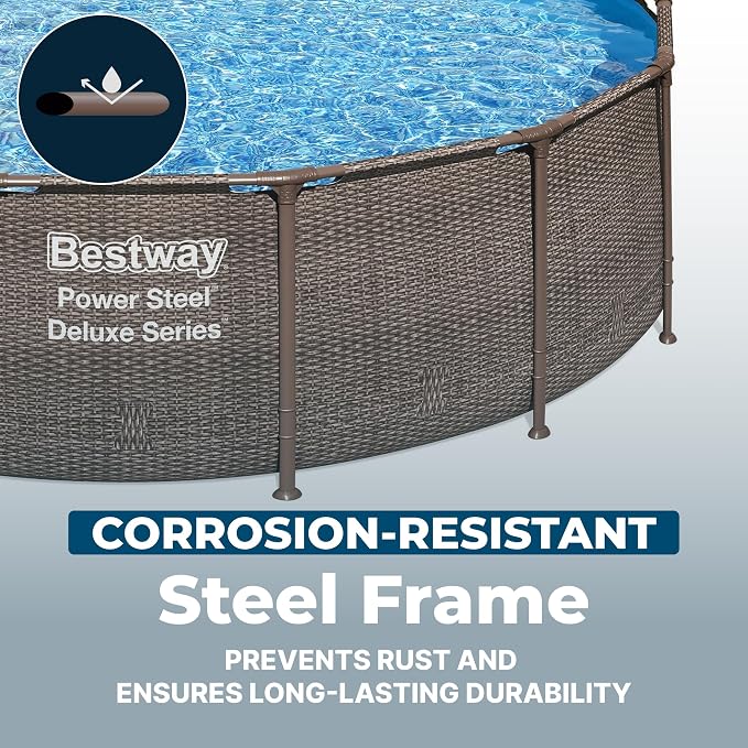 Bestway Power Steel 14’ x 42” Above Ground Swimming Pool Set with Pump | Durable Round Metal Frame Outdoor Backyard Pool - Ladder, Cover, and Type III Filter Cartridge Included, Brown Wicker Print