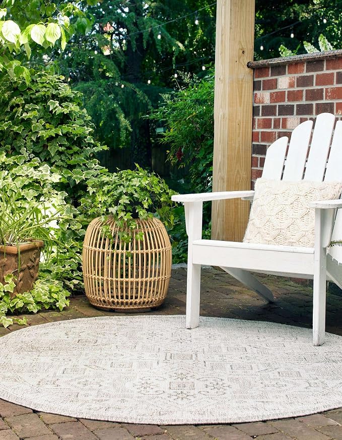 Unique Loom Outdoor Aztec Collection Area Rug - Coba (4' 1" Round, Light Gray/ Ivory)