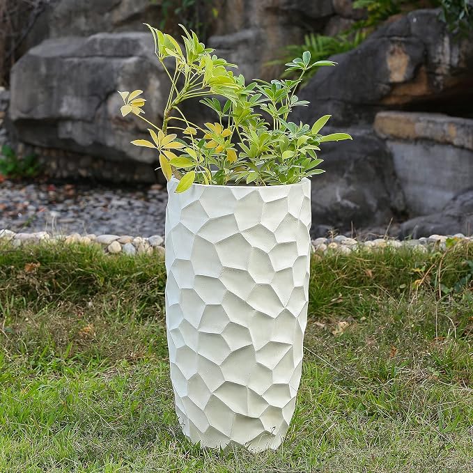 LuxenHome 22" H Concrete Tall Planter, Large Outdoor Indoor Plant Pots with Drainage Hole and Rubber Plug, Modern White Flower Pot for Plants, Geometric Pattern Planter Pots for Home Garden Patio
