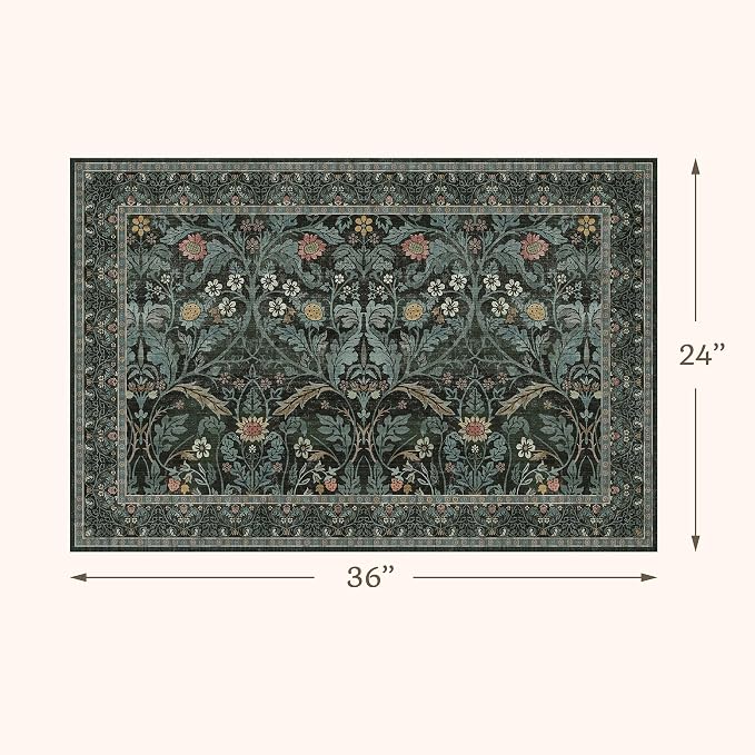 Washable Entry Rug 2x3 Non Slip, Vintage Small Throw Rugs for Bathroom, Entry Way, Kitchen, Dusty Teal Front Door Mat Indoor Entrance, Bedroom, Ultra Soft Low Pile Stain Resistant (Dark Green)