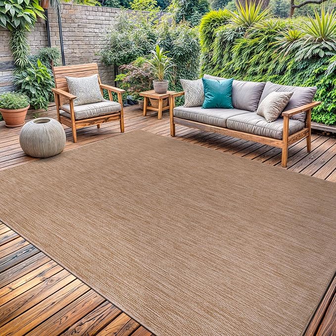 Washable Indoor Outdoor Rug 10x14 Weather Resistant Area Rugs Modern Solid Jute Rug for Porch Deck Balcony Backyard Patio Outside Carpet (10 X 14 Jute Beige)