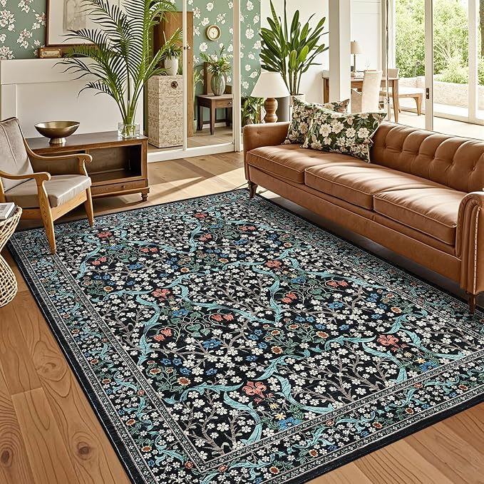 GarveeHome 8x10 Area Rugs, Washable Rugs for Living Room Non Slip Stain Resistant Ultra Soft Floral Rug, Boho Carpet Floor Mat for Bedroom Dining Room Nursery Playroom Office, Black