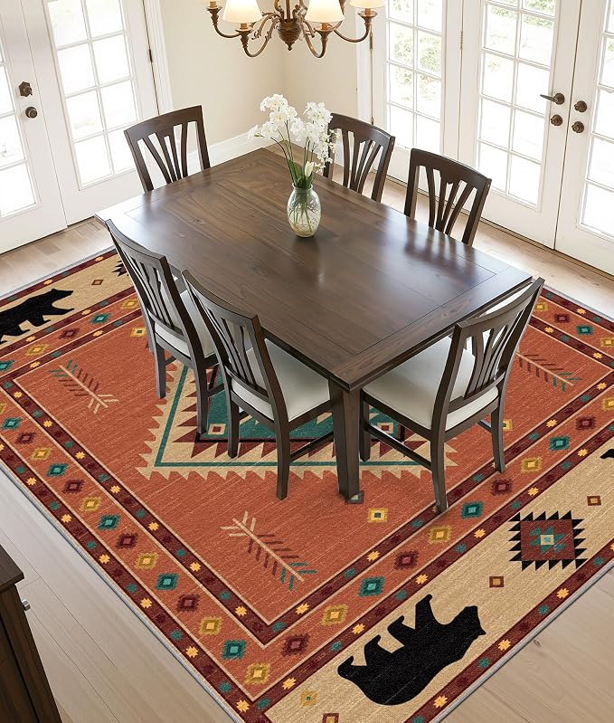 Cabin Rug 3x4 - Bear Southwestern Aztec Area Rugs for Bedroom Living Room, Rustic Navajo Machine Washable | Non-Slip | Soft Small Carpets, Native American Room Decor (Orange Tan Black)