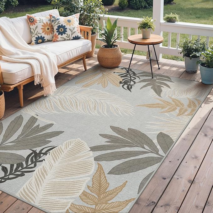 GENIMO Outdoor & Indoor Area Rug 5'x8', Waterproof, Non-Shedding, Easy Cleaning, Leaf Mat for Patio, Living Room, Balcony, Dining Room, RV, Deck, Bedroom, Camping, Outside Carpet, Sand Grey