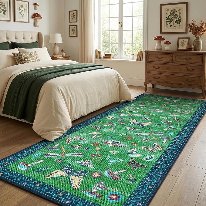 ROYHOME Mushroom Insect 2.5x8 Kitchen Runner Rug for Hallways Blue Green | Entryway Bedroom Bathroom Washable Bug Moth Cute Funky Cottage Core Whimsical Boy Rugs Low-Pile Non-Slip TPE Backing