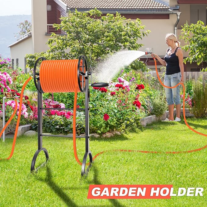 Garden Hose Reel,Upgrade Garden Hose Holder,Outside Heavy Duty Metal Freestanding Water Hose Holder Winder,Holds Up 150FT 1/2" Hose for Garden Lawn Yard