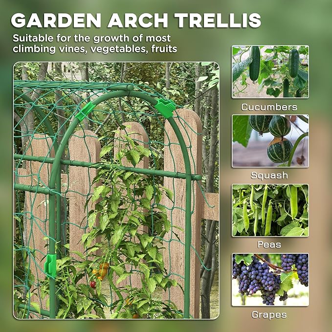 Outsunny Cucumber Trellis, 6' Tall Arch Trellis for Climbing Plants Outdoor, A-Frame, with Plastic Coated Steel Frame and Climbing Net, Support Vegetables, Peas, Fruit & Vines, Green