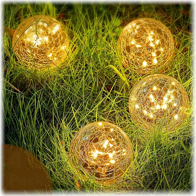 Honoson 4.7 Inch Solar Globe Lights Outdoor - Waterproof Cracked Glass Balls for Lawn Patio Yard Backyard Decorations, Warm Yellow Solar LED Lights with Easy Installation,Durable Design (4 Pcs)