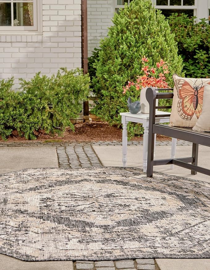 Unique Loom Outdoor Traditional Collection Area Rug - Valeria (5' 3" Octagon, Charcoal/ Natural)