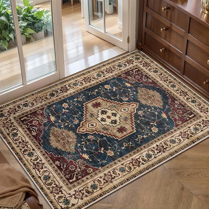 Tangsoo Oriental 2x3 Washable Rugs for Entryway, Non Slip Small Area Rug | Vintage Indoor Front Door Rug, Boho Print Door Mat Carpet, Soft Low Pile Throw Rugs for Entrance Entry Kitchen Bedroom
