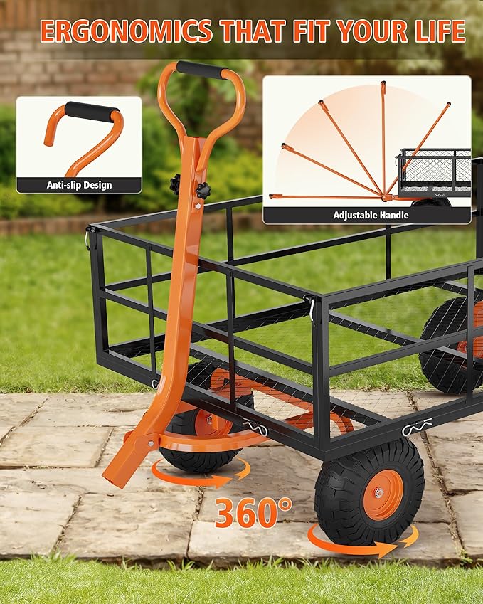 Garvee Steel Garden Cart, 1200 LBS Capacity Utility Outdoor Wagon, Heavy Duty Mesh Garden Wagon with Removable Sides, 2-in-1 Handle, 13" Tires for Yard, Lawn, Garden