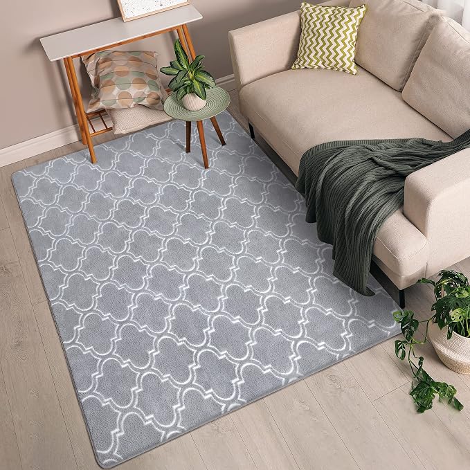 Chicrug 7x10 Shag Geometric Modern Area Rug for Bedroom Living Room | Memory Foam Indoor Carpet, Fluffy Rug for Bedside Room for Family Girls Kids Play Mat, Grey and White