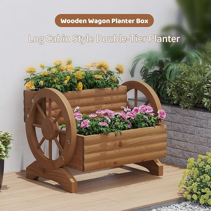 Wooden Wagon Planters for Outdoor Plants, Flower Cart, Wood Planter Boxes Outdoor, Backyard Decor, Flower Planters Outdoor with Wheels Planter for Flowers Vegetables (Brown)