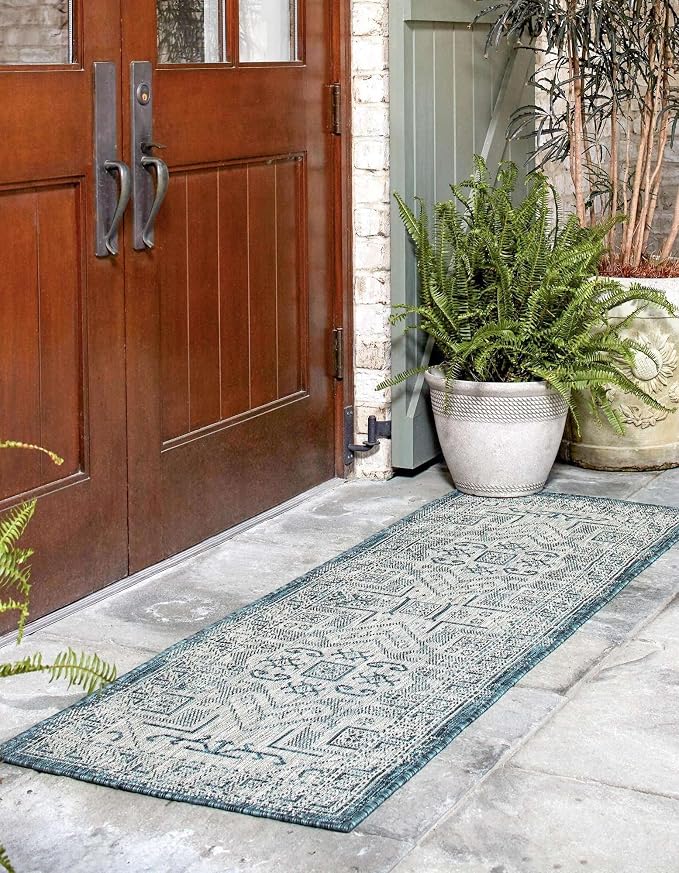 Unique Loom Outdoor Aztec Collection Area Rug - Coba (2' 7" x 12' Runner, Teal/ Ivory)