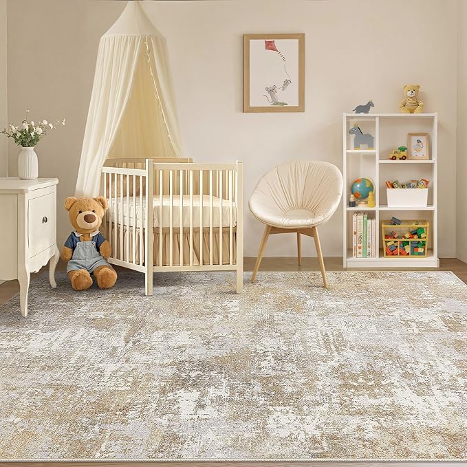 Tortania Washable 8x10 Area Rug for Living Room: Modern Abstract Neutral Large Soft Thin Rugs - Non Slip Indoor Carpet for Bedroom Dining Room Office Nursery Home Floor Decoration - Brown Grey