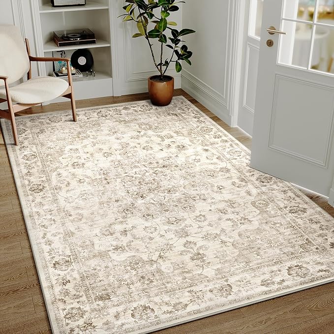 5x7 Beige Neutral Area Rug | Washable, Non Slip, Soft Low Pile, Vintage Farmhouse, for Living Room Bedroom Dining Room Office Indoor Home Decor