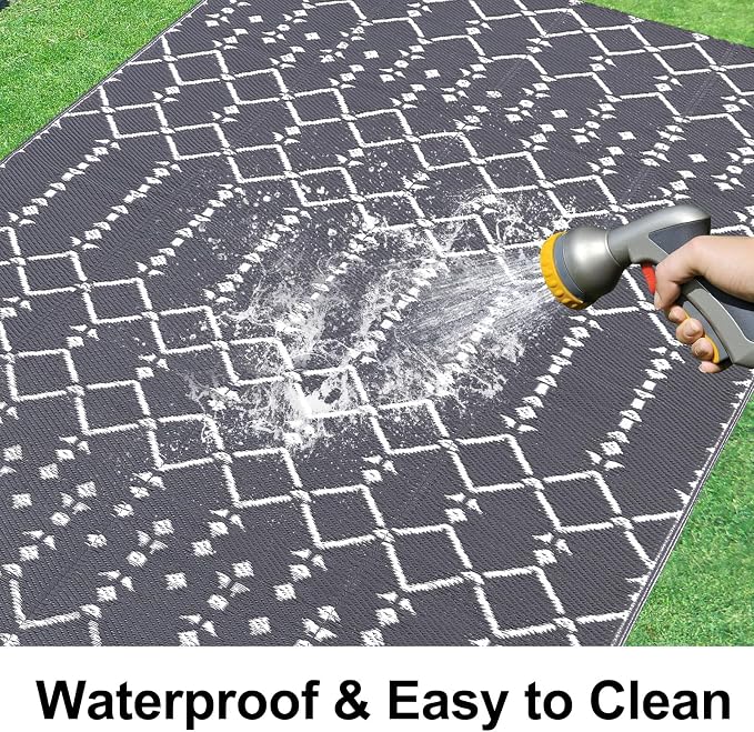 Smiry Outdoor Rug 8x10 ft, Waterproof Reversible Plastic Straw Rugs, Boho Outdoor Area Rug, Outside Floor Mat for Patio, Backyard, Deck, Picnic, Beach, Camping, Grey