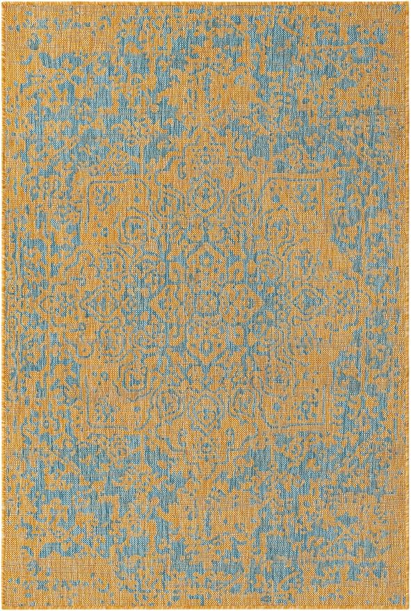 Unique Loom Jill Zarin Jill Zarin Outdoor Collection Area Rug - Dubai (4' 1" x 6' 1" Rectangle, Yellow and Aqua/Light Blue)