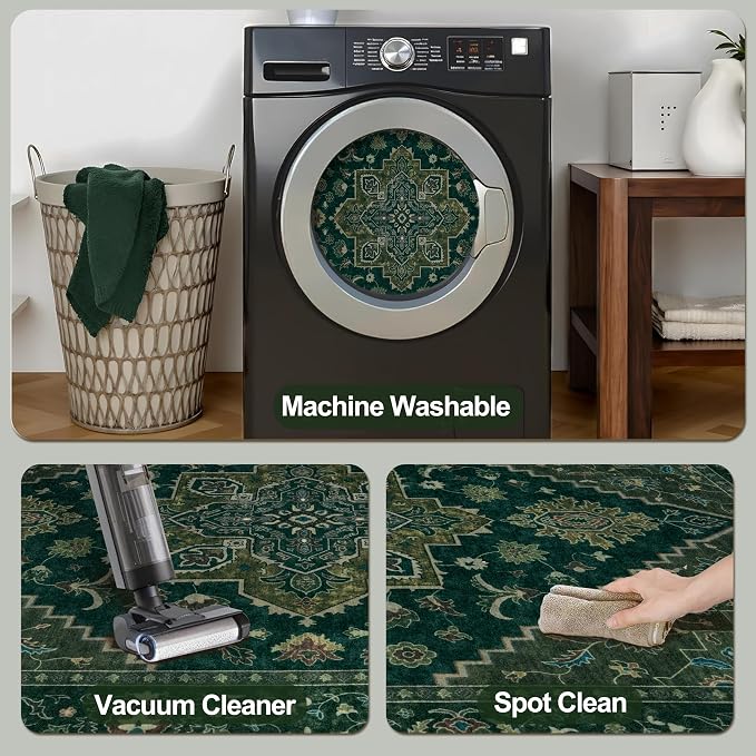 Tangsoo 3x5 Washable Rug Indoor Area Rugs, Vintage Non Slip Accent Rug Carpet, Oriental Soft Low Pile Rugs for Living Room Dorm Bedroom Bedside Entryway Bathroom Home Decor Dark Green