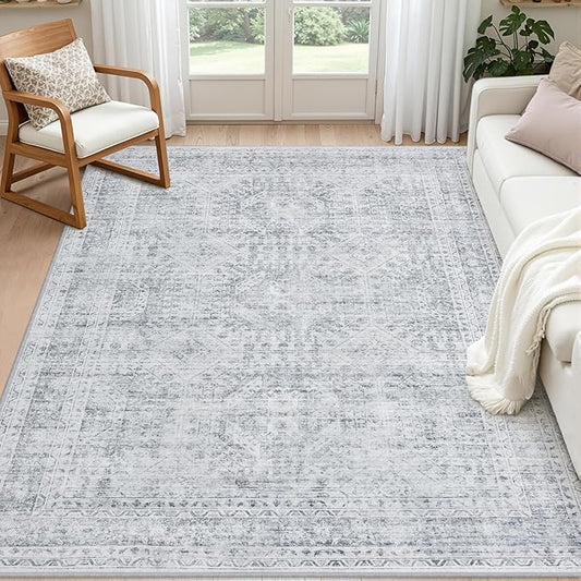 6x9 Area Rugs Living Room: Bedroom Neutral Washable Carpet Gray | Vintage Boho Soft Small Indoor Decor Floor Non-Slip Low Pile Neutral Farmhouse Entryway Laundry Bathroom Bedroom Beside Rugs