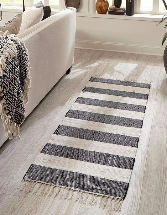 Unique Loom Chindi Rag Collection Area Rug - Striped (2' 2" x 10' Runner, Navy Blue/ Ivory)