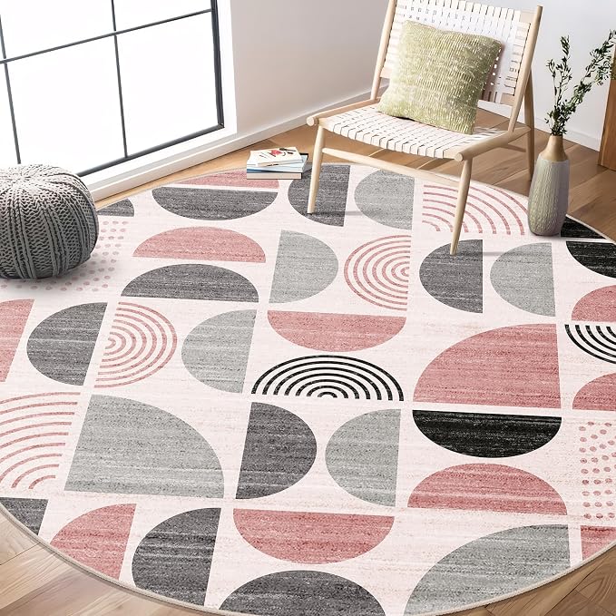 Round Rugs 6ft,Circle Area Rug Washable Non Slip Modern Abstract | Large Circular Rugs for Living Room Dining Room Boho Throw Carpet Soft Low Pile Floor Indoor Bohemian Pink and Grey