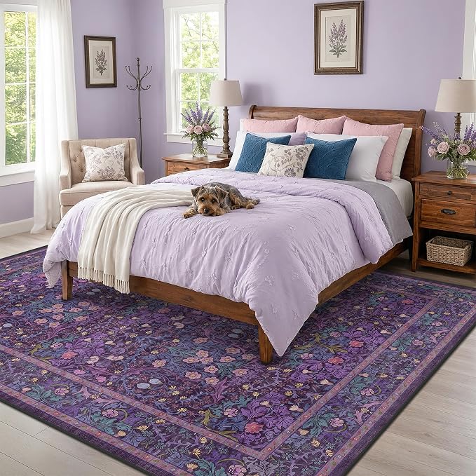 Dark Purple Living Room Rug 8x10, Vintage Violet Floral Area Rugs for Bedroom, Washable Dining Room Under Kitchen Table, Oriental Low Pile Stain Resistant Large Plum Indoor Decor