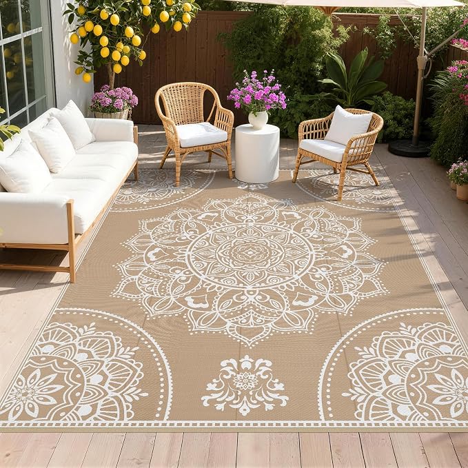 Pauwer Waterproof Outdoor Rug 8x10, Reversible Plastic Straw Patio Camping Rug, Indoor Outdoor RV Mat Carpet for Deck, Camper, Porch, Balcony, Backyard, Picnic, Floral Brown