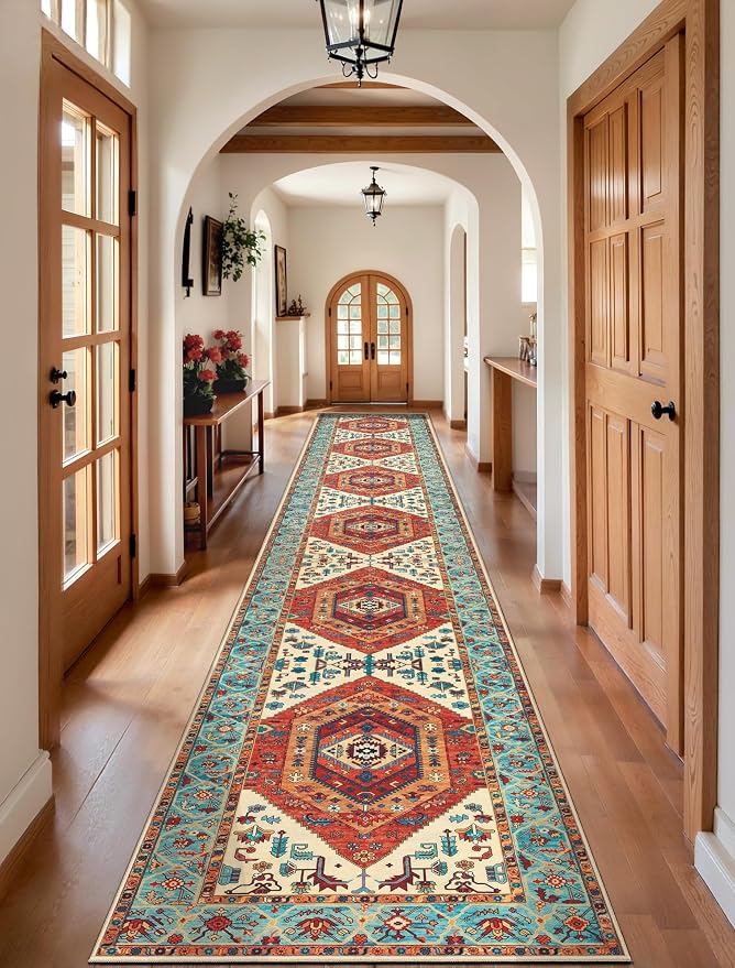 SERISSA 2'6"x16' Washable Non Slip Boho Runner Rug for Hallway，Orange | Ultra Soft Vintage Oriental Carpet Low-Pile Tribal Floor Carpet for Kitchen Bedroom Entryway Bathroom Laundry Room