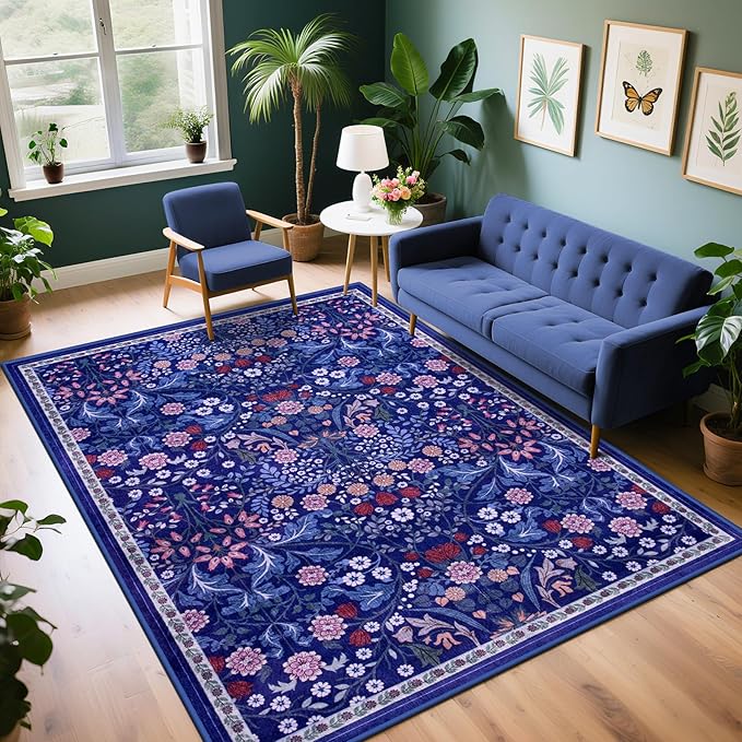 PLHXFR Area Rug Living Room: 5x7 Floral Washable Boho Soft Carpet Blue | For Bedroom Dining Room Farmhouse Nursery Hallway,Vintage Floral,Machine washable,Non Slip,Stain Resistant,Large Indoor