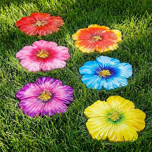 Landical 6 Pack Decorative Stepping Stones for Garden 10 Inch Cement Flower Stepping Stones Decoration for Patio Walkway Yard Outdoor(Hibiscus)