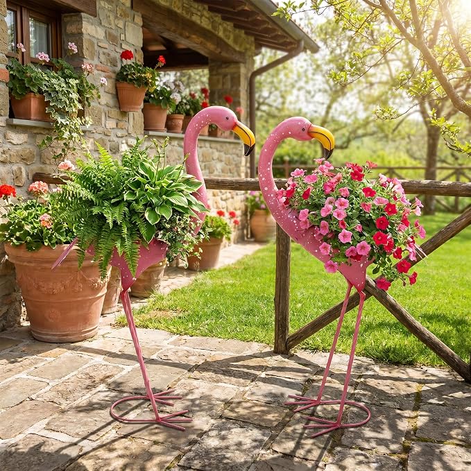 Set of 2 Flamingo Planters, Pink Metal Standing Flamingo Flower Pots with Drain Hole, Indoor Outdoor Decorative Planters for Lawn Garden Patio Yard