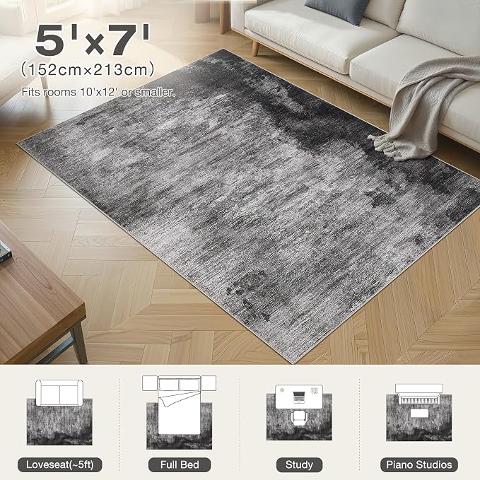 DMOYEST 5x7 Area Rug for Living Room Washable Abstract Indoor Carpet | Neutral Modern Low Pile Rugs Kid & Pet Friendly Soft Thin Carpet for Bedroom Dining Room and Office - Dark Grey