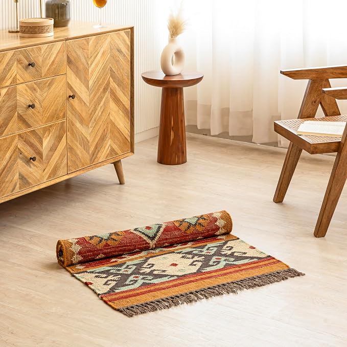 Jute Traditional Kilim Rug Boho Flatweave Area Rug for Living Room, Living Room Entryway, Tribal Series, 2'6"x10'