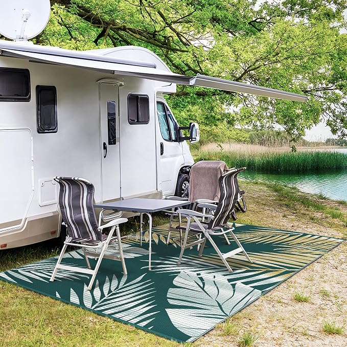 GENIMO Outdoor Rug 6' x 9' Waterproof for Patios Clearance, Reversible Outdoor Plastic Straw Camping Rug Carpet, Large Area Rugs Mats for RV, Deck, Balcony, Porch, Beach, Picnic, Cucumber Yellow&Green
