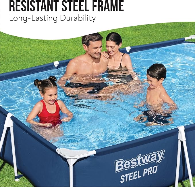 Bestway 9ft x 6.7ft x 26in Steel Pro Above Ground Pool, Metal Frame | Rectangular Frame Swimming Pool, Puncture-Rust Resistant Garden Pool, Easy Assemble