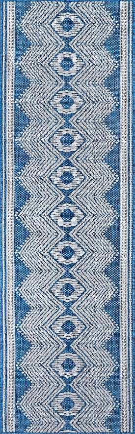 Nuloom Ranya Blue/Ivory, 2' x 8', Tribal Geometric, Soft and Cozy, High Traffic, Stain Resistant, Easy Clean, Durable Area Rug for Indoor/Outdoor Patio, Deck, Porch, Garden, Courtyard