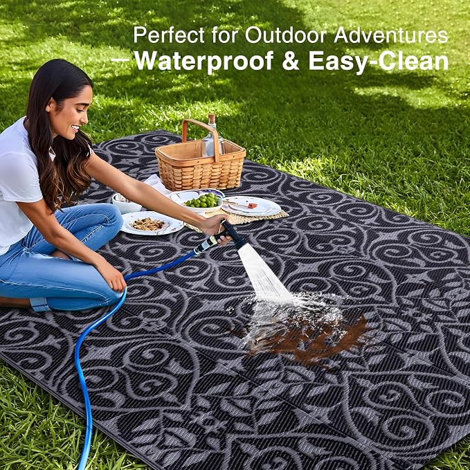 OLANLY Outdoor Rug Waterproof 5x8 ft Clearance, Reversible Outdoor Plastic Straw Rug with Floral Pattern, RV Mat for Patio, Camping, Balcony, Deck, Backyard, Black & Grey