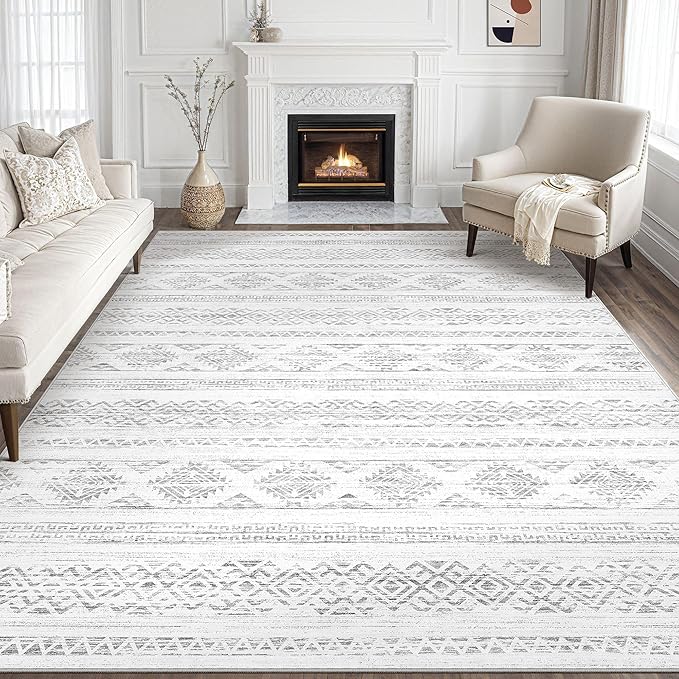 Tortania Area Rug Living Room Rugs - 9x12 Washable Large Soft Neutral Boho Moroccan Bohemian Farmhouse Rug Indoor Floor Carpet for Bedroom Under Dining Table Home Office Decor - Ivory Gray